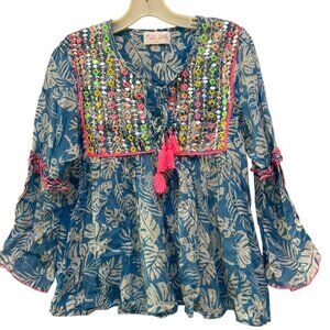 Miss June Paris SPECTACULAR silver sequins pailettes blue indonesain print tunic